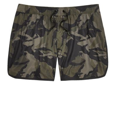 Dark green camo print swim shorts